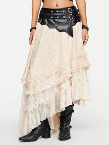 ROMWE Grunge Punk Romantic Punk PU Contrast Lace Heavy Rivet Design Women's Skirt - Multicolor - View 4