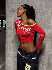 StreetHx Women's Sexy Asymmetric Neck Red English Print Cropped Long Sleeve T-Shirt, Street Fashion Style Fall Cloth For Women - Red - View 5