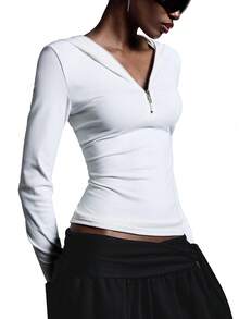 LYSMO Women's Zip-Up Letter Print Fitted Hooded Long Sleeve T-Shirt  Hooded Undershirt Graphic Long Sleeve Shirt For Going Out Outfits, Back To School, Graduation, Streetwear, And Stockholm Style,Fall