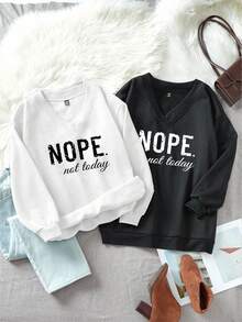 EMERY ROSE Bộ đồ họa tiết MOPE tối giản, thường ngày cỡ lớn, 2 món, áo nỉ rộng cổ chữ V, phù hợp cho mùa thu/đông - Nhiều màu - Xem 6