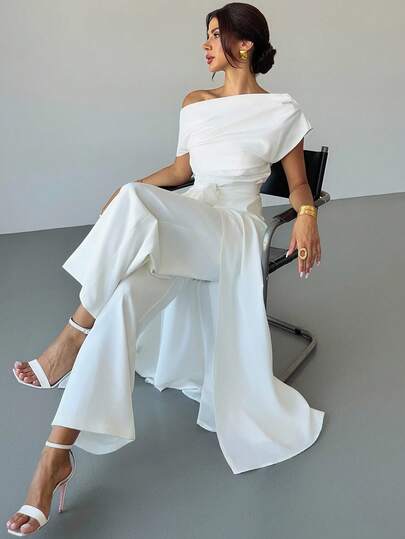 Firerie 女士优雅简约别致浪漫时尚办公室通勤度假斜领垂坠露肩白色衬衫系带下摆超大白衬衫上衣