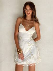 Aloruh Váy ngắn chữ A thêu xếp ly thanh lịch, gợi cảm, màu trơn dành cho nữ - Màu be - Xem 7