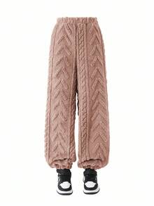 SHEIN Girlism 2 件套 Tween 女童保暖毛绒纹理宽松休闲连帽衫和运动裤套装，秋季 - 駝色 - 查看 6