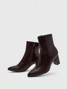 CUCCOO BIZCHIC 女士尖头粗跟短靴，时尚简约通勤踝靴，侧拉链，经典咖啡色，中跟，秋冬 - 咖啡棕 - 查看 6