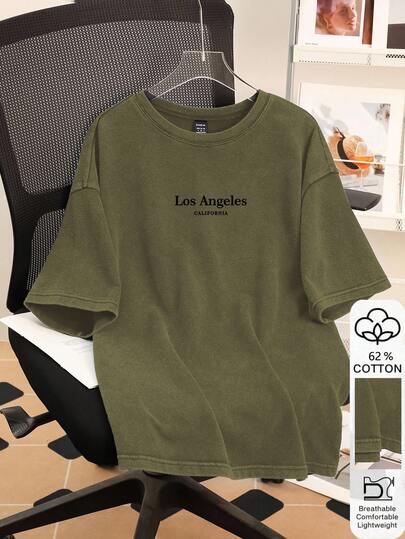 Attitoon 女士休闲简约英文文字图案军绿色针织酸洗宽松T恤，适合夏季穿着