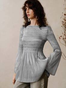 Arave Women's Water-Shiny Fabric Straight Shoulder Trumpet Sleeves Pleated Patchwork Hem Design Elegant Daily Commuting Leisure Gray Long-Sleeved Top Fall Clothes For Women Fall Clothes