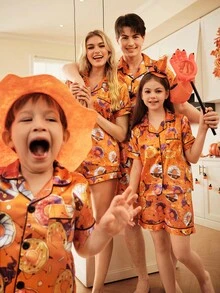 FamilyFrolics 女士甜甜圈印花短袖纽扣上衣和短裤睡衣套装，万圣节 - 彩色 - 查看 5