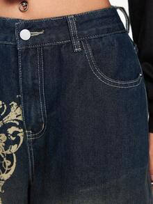 ROMWE Grunge Punk Relaxed Fit Grunge Vintage Oversized Cross & Vine Print Women Low Waist Jeans