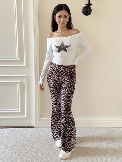 SHEIN 2pcs/Set Teen Girl Oblique Shoulder Star Print Long Sleeve Top And Leopard Flare Pants Casual Outfit, Comfortable For Autumn/Winter Fall