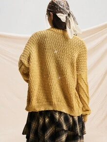 Easelle Áo cardigan dệt kim tay dài dáng suông vai thả họa tiết xoắn cáp, cài cúc đơn, kiểu dáng cao bồi đính sequin, màu vàng mù tạt, thích hợp cho nữ mùa thu đông. - Màu Mù tạt vàng - Xem 4