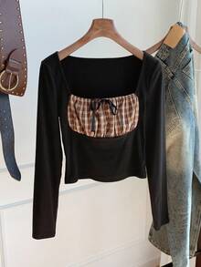 Comfortcana Women's Fitted Plaid Print Twist Collar Elegant Long Sleeve T-Shirt - Black - View 4