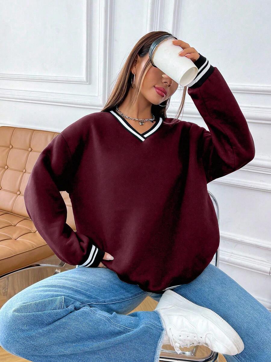 Flirla Women's Autumn Dropped Shoulder Long Sleeve Basic V-Neck Sweatshirt, Collegiate Style Fall Cloth For Women - Red - View 1