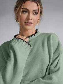 EURMUSE Conjunto de saia e suéter com detalhe de ponto preto em malha - Menta verde - Ver 4