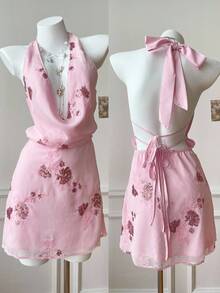 SHEIN EZwear Women's Floral Sequin Draped Neck Sleeveless Woven Halter Dress, Pink - Pink - View 3