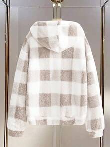 Chiquease Áo khoác trùm đầu kẻ caro dài tay có khóa kéo phía trước, có túi, mặc thường ngày giữ nhiệt - Màu be - Xem 2