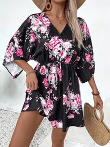 Breezaya Women's Simple Daily V-Neck Random Printed Dress Vacation Beach Outfit - Black - View 8