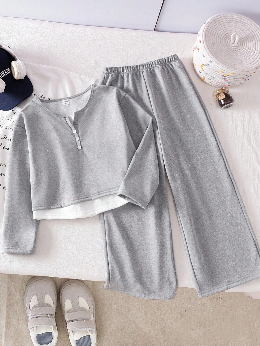 Genkimix Kids 少女韩版活力二合一长袖上衣和阔腿裤休闲两件套 - 灰色 - 查看 1