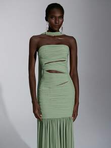 Elitara Elegant Luxurious Mustard Yellow Elastic Mesh Hollow Design Fitted Sexy Slit Fishtail Skirt, Suitable For Women's Formal Evening Gown - Mint Green - View 5
