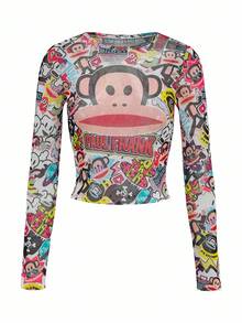 Paul Frank X SHEIN Women's Cartoon Pattern Tight Fit Crew Neck Long Sleeve Top - Multicolor - View 1