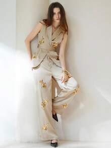 Aveloria Modichic 2pcs/Set Women's Heavily Sequined Embroidered Vest And Pants Set Fall Cloth For Women - Khaki - View 4