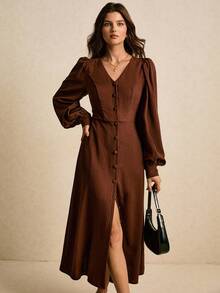Poéselle 女式纯色V领泡泡袖前扣优雅中长连衣裙 - 棕色 - 查看 2