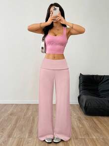 SHEIN EZwear 女士浅粉色宽腰宽松休闲裤 - 淺粉色 - 查看 3