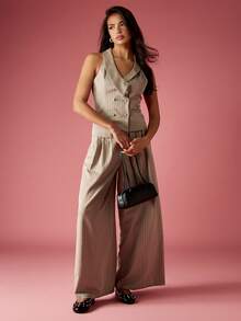 MISSGUIDED Pinstripe Wide Leg Palazzo Pants High Waisted Business Professional Work Wear Office Trousers Wide Leg Career Elegant Contemporary Classic - Apricot - View 4