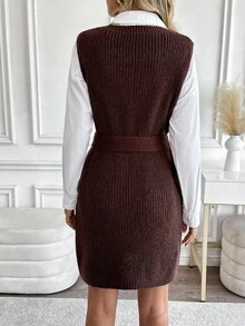 SHEIN LUNE New Minimalist Style Cable Knit Round Neck Vest, Versatile Solid Color Elegant Knit Top/Dress For Women, European And American Fashion - Coffee Brown - View 2