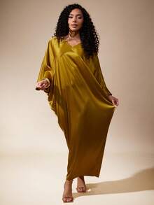 Vixey 纯色缎面 V 领蝙蝠袖后开衩宽松连衣裙 - 黃色 - 查看 4