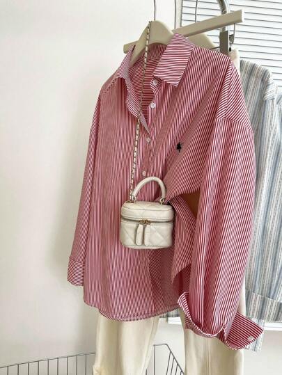 INAWLY 大码刺绣条纹印花纽扣前休闲长袖T恤