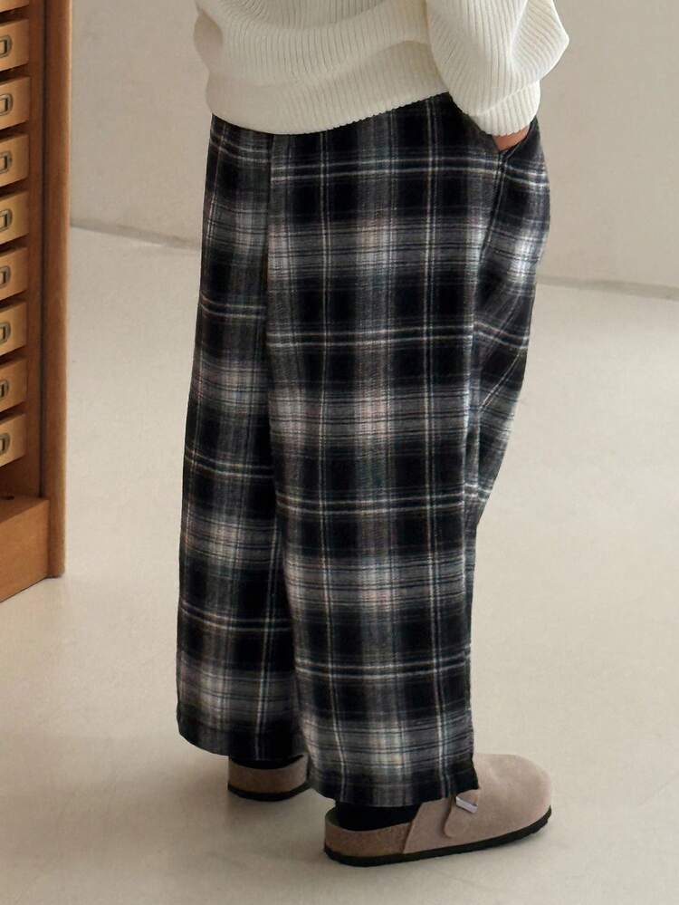 Young Boys Casual Loose Straight Leg Plaid Pants, Japanese Style For Autumn