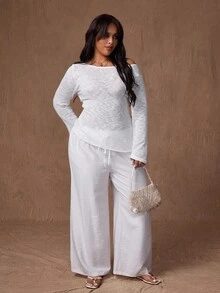 SHEIN PETITE CURVE Solid Color Casual Loose Drawstring Waist Comfortable Pants Fall Cloth For Women - White - View 5