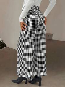 EMERY ROSE 女式休闲千鸟格纹纽扣装饰斜口袋阔腿裤，秋季 - 黑色 - 查看 2