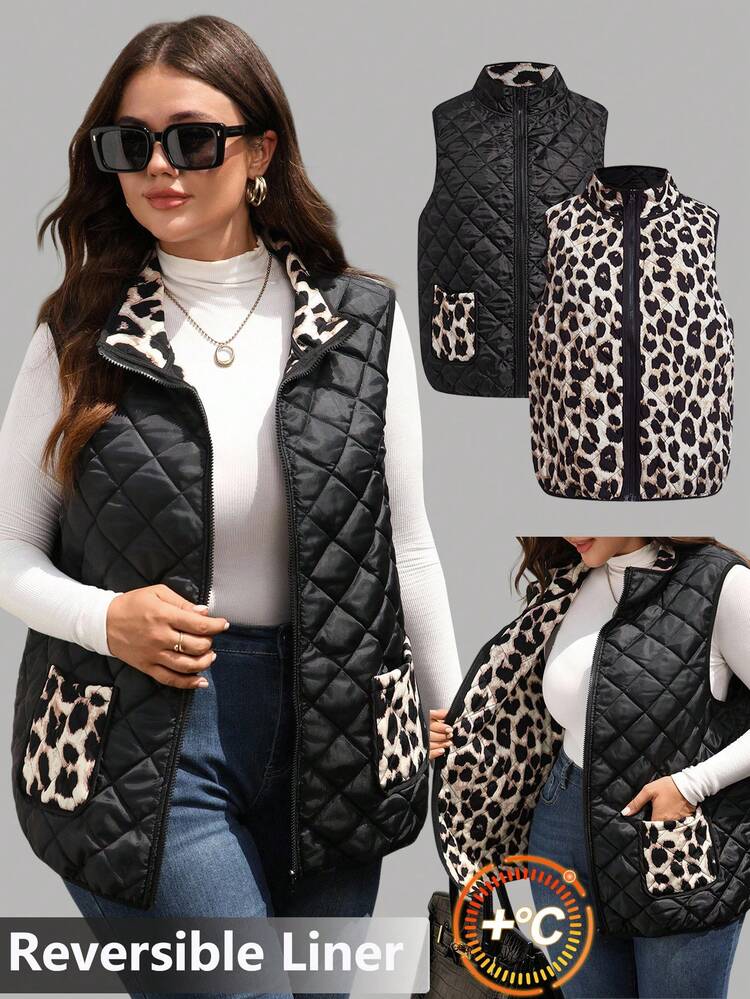 Plus Size Women Leopard Print Reversible Zipper Front Casual Vest Jacket, Winter, Fall Women's Clothes, Autumn/Winter,Winter Clothes For Women