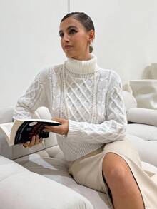 Lavishia 女式休闲扭纹图案高领长袖毛衣，秋季 - 杏色 - 查看 4