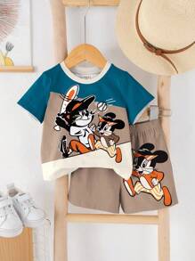 SHEIN 2 件套男童休闲卡通图案圆领短袖 T 恤和短裤套装，适合夏季 - 彩色 - 查看 2