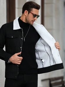 Manfinity Homme 男士长袖翻领装饰纽扣保暖休闲羊羔绒保暖内衬夹克，冬季灯芯绒黑色秋季夹克 - 黑與白 - 查看 7