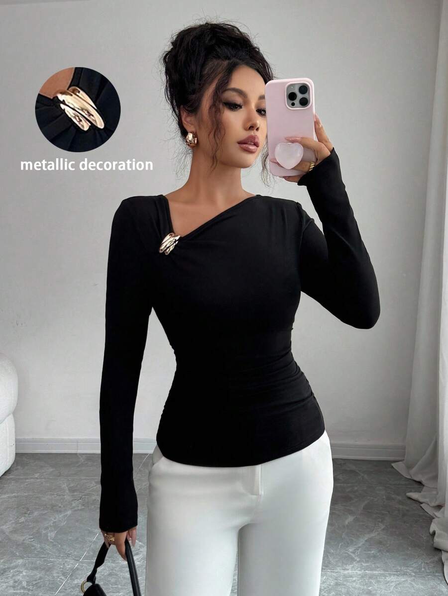 Elenzga Áo thun nữ cổ tròn trơn màu thời trang đi làm có họa tiết kim loại - màu đen - Xem 1