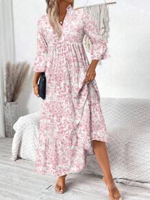 SHEIN LUNE Váy dài tay cổ chữ V họa tiết hoa màu nước dành cho nữ, phù hợp cho mùa hè - Nhiều màu - Xem 5