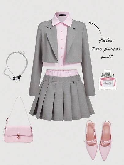 SHEIN MOD 女士灰色二合一百褶裙和短款西装外套套装，秋冬返校装