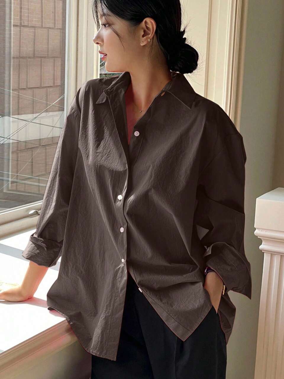 Casual Solid Color Long Sleeve Shirt, Suitable For Commuting