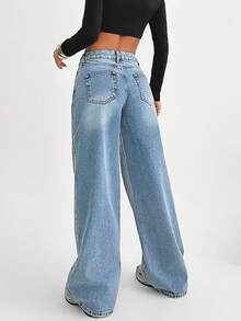 EURMUSE 女士阔腿牛仔裤，适合日常穿着 - 中等水洗藍 - 查看 2