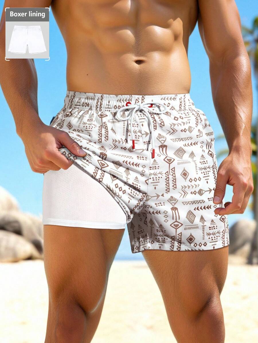 Manfinity VDAYZ Men's Geometric Print Drawstring Waist Double Layer Beach Shorts - Beige - View 1