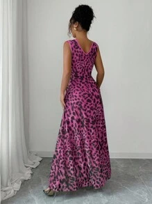 Rafferiza 女式优雅豹纹网眼圆领褶饰腰部抽绳 A 字形无袖长裙 - 玫紅色 - 查看 3