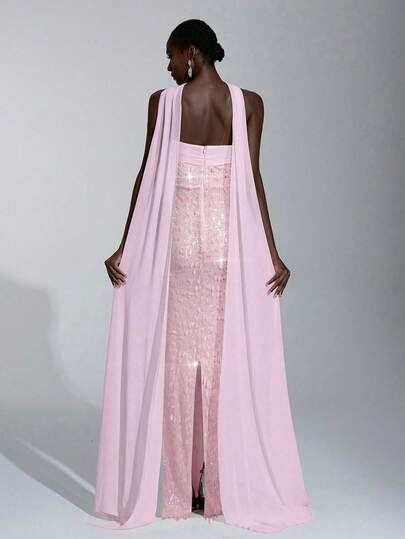 Elitara Elegant Luxury 3D Beaded Strapless Bodycon Maxi Dress With Detachable Halter,Suitable For Dates,Vacations,Birthdays,Graduations,Weddings,Formal Galas