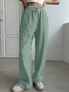 DAZY Women's Drawstring Waist Striped Pocket Wide Leg Loose Casual Pants - Green - View 4