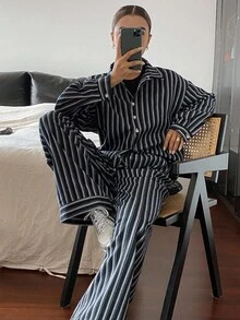 DAZY Autumn/Winter New Loose Casual Striped Relaxed Style Women 2 Pieces Set Lounge Sets For Women - Navy Blue - View 6