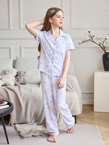 少女花卉印花纽扣前襟衬衫和裤子睡衣套装 - 淡紫色 - 查看 3