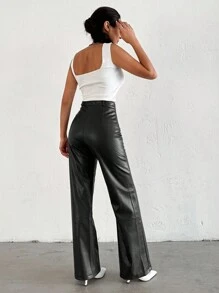 EURMUSE Women's Straight Leg Pvc Leather Pants - Black - View 2