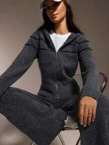 Hanevo 秋冬时尚条纹连帽针织开衫+针织裤套装 - 灰色 - 查看 7